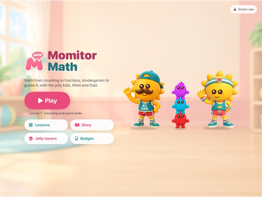 The home screen: the Momitor Math logo, a Play button, and Lessons, Story, Jelly towers and Badges below it, with Dad Sun, three jelly kids and Mom Sun to the right.