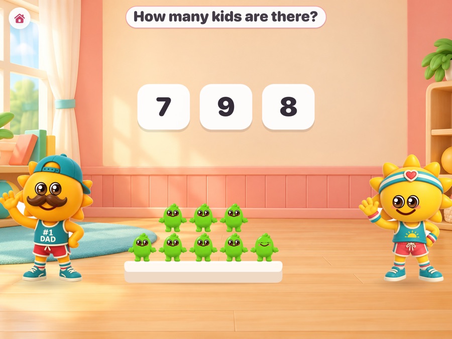 A counting question in Momitor Math: eight jelly kids on a plate, with Dad Sun and Mom Sun either side and three numbers to choose from.