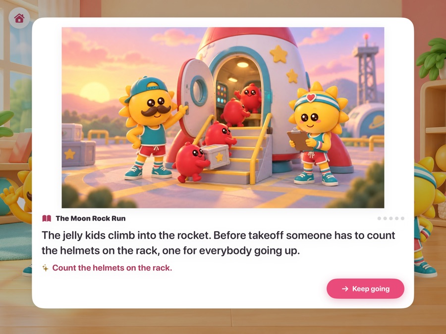 A story beat: the jelly kids climbing into a rocket, with the next problem set inside the story.