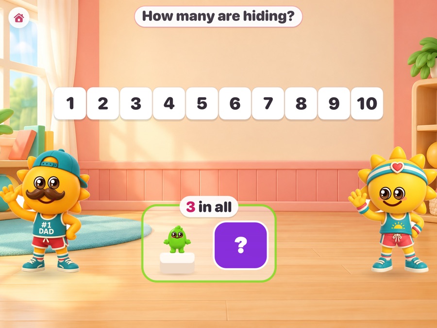 A hiding question: a tray that says five in all, one jelly kid showing and a purple card covering the rest.