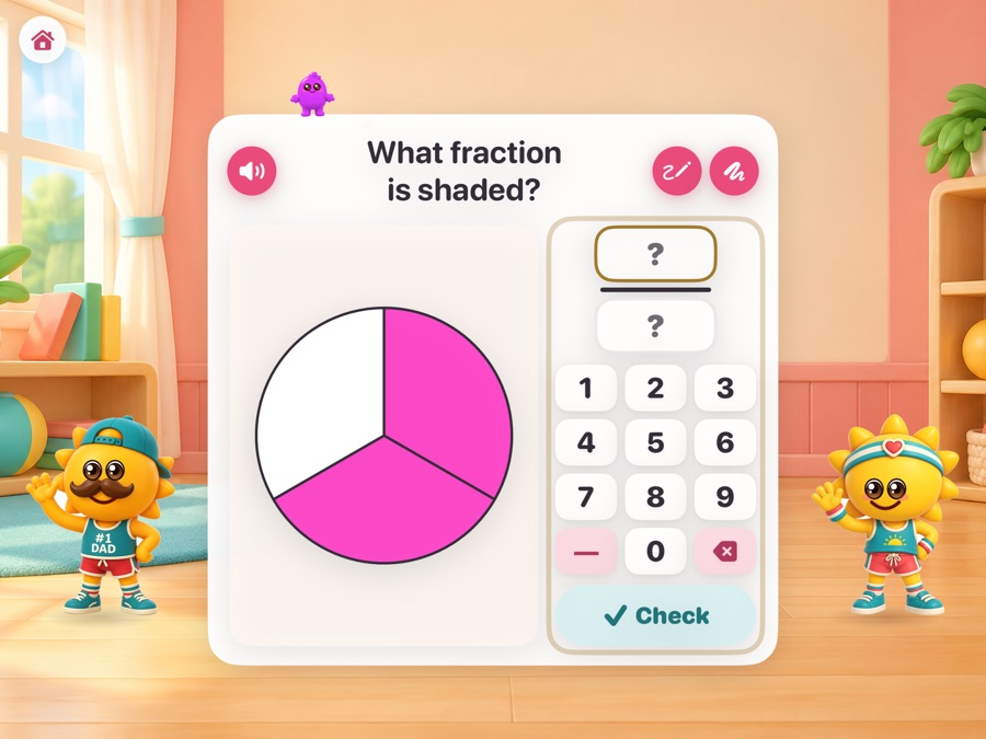 A grade 3 fraction question: a circle with part of it shaded, a fraction keypad and a Check button.