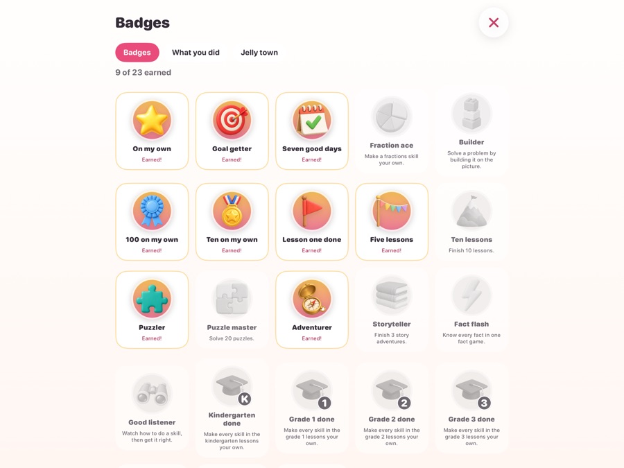 The badges screen: twenty-three badges with what each one is for and which have been earned.