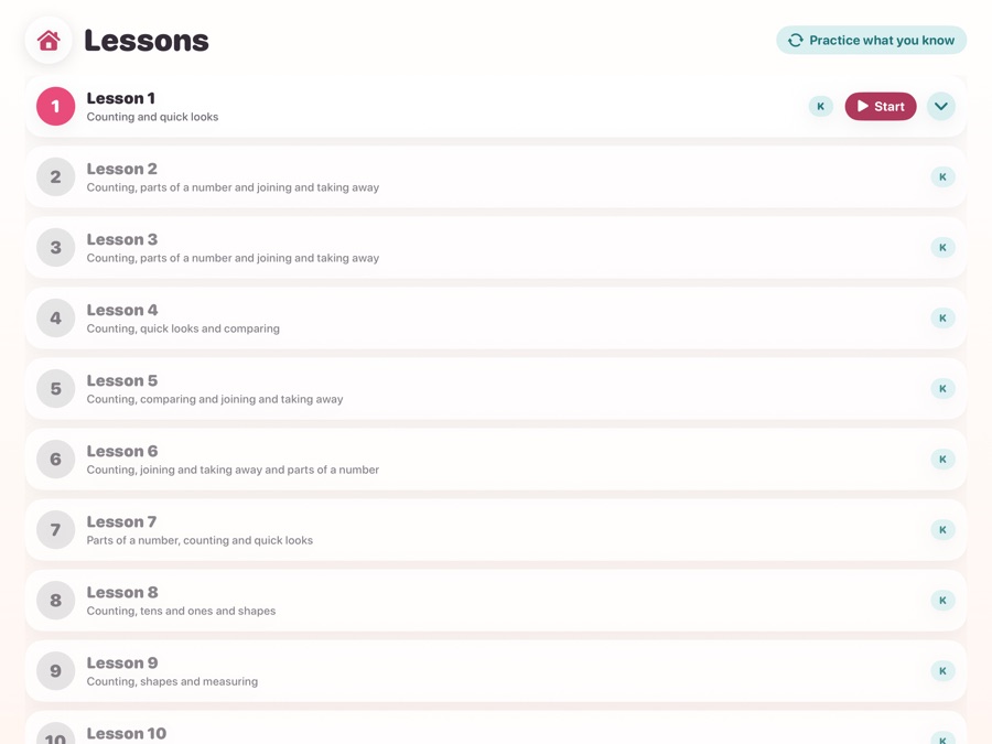 The lessons list: 43 numbered lessons with what each one teaches and which year it belongs to.